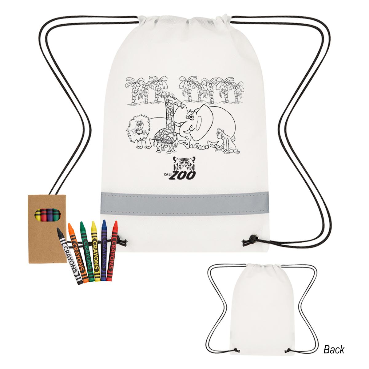 Lil’ Bit Reflective Non-Woven Coloring Drawstring Bag With Crayons