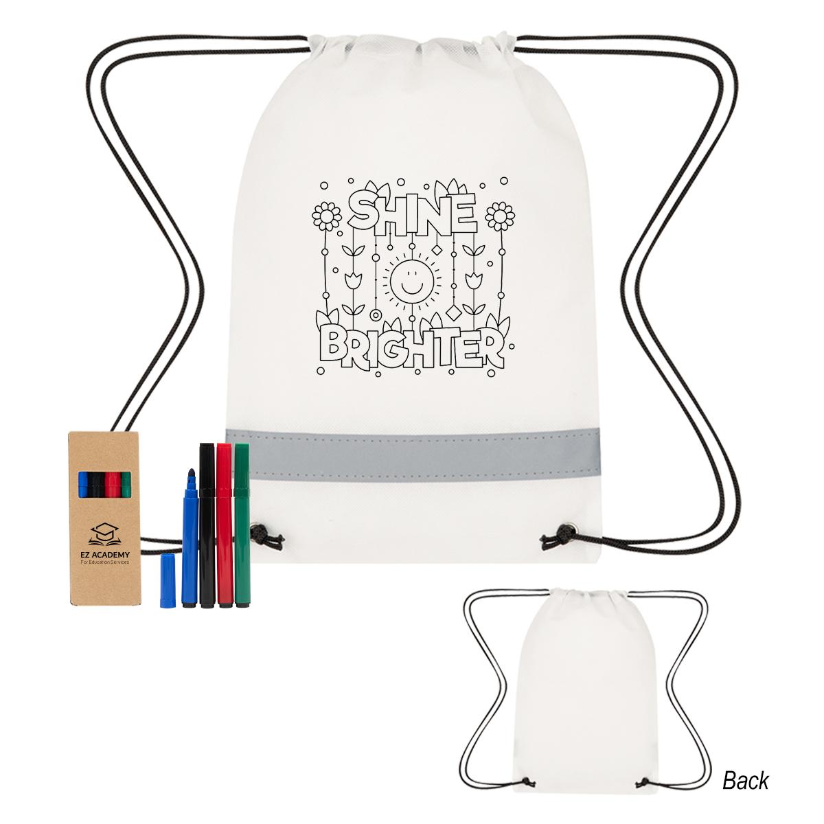 Lil’ Bit Reflective Non-Woven Coloring Drawstring Bag With 4 Piece Washable Marker Set